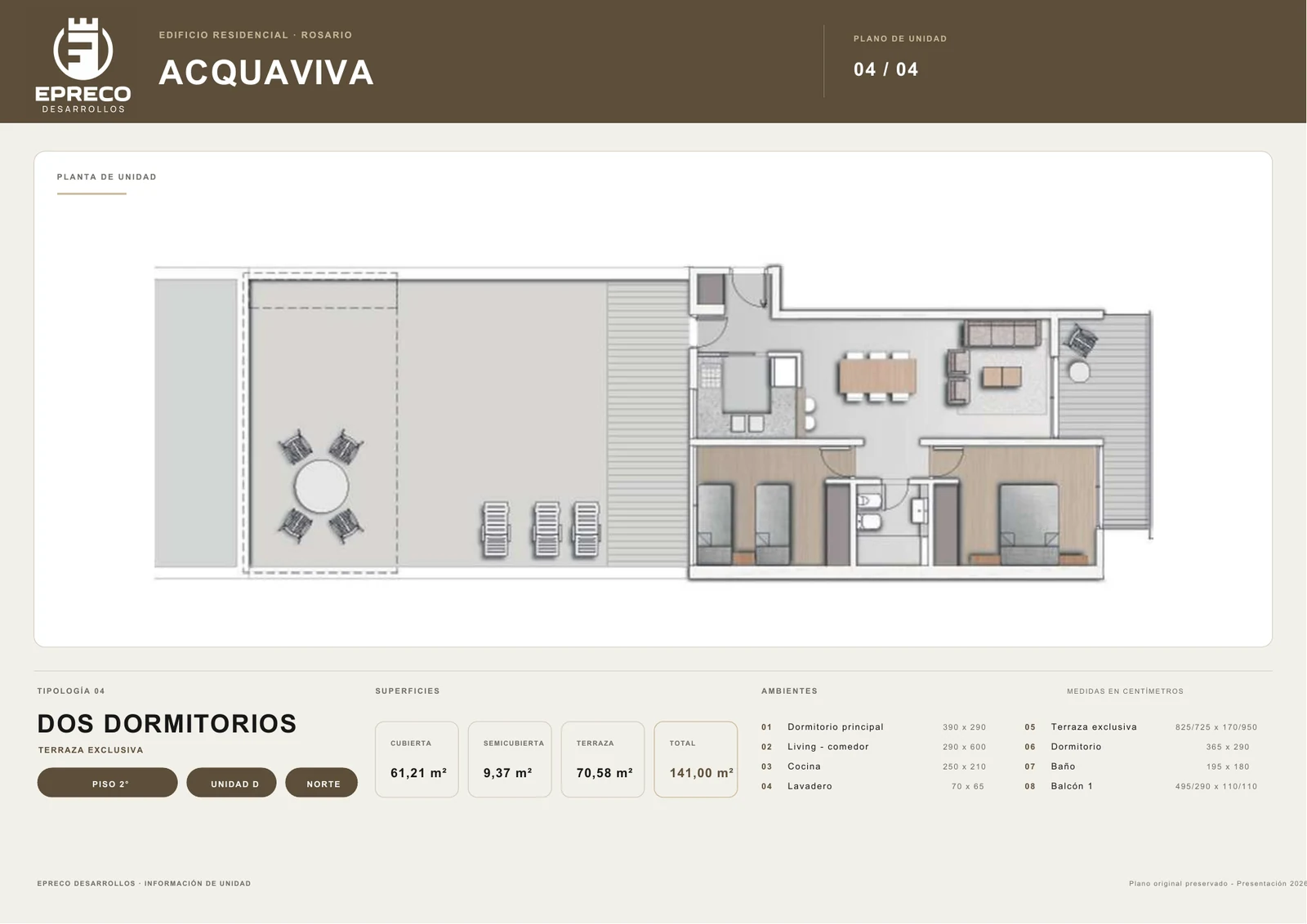 Plano Acquaviva de 2 dormitorios con terraza exclusiva