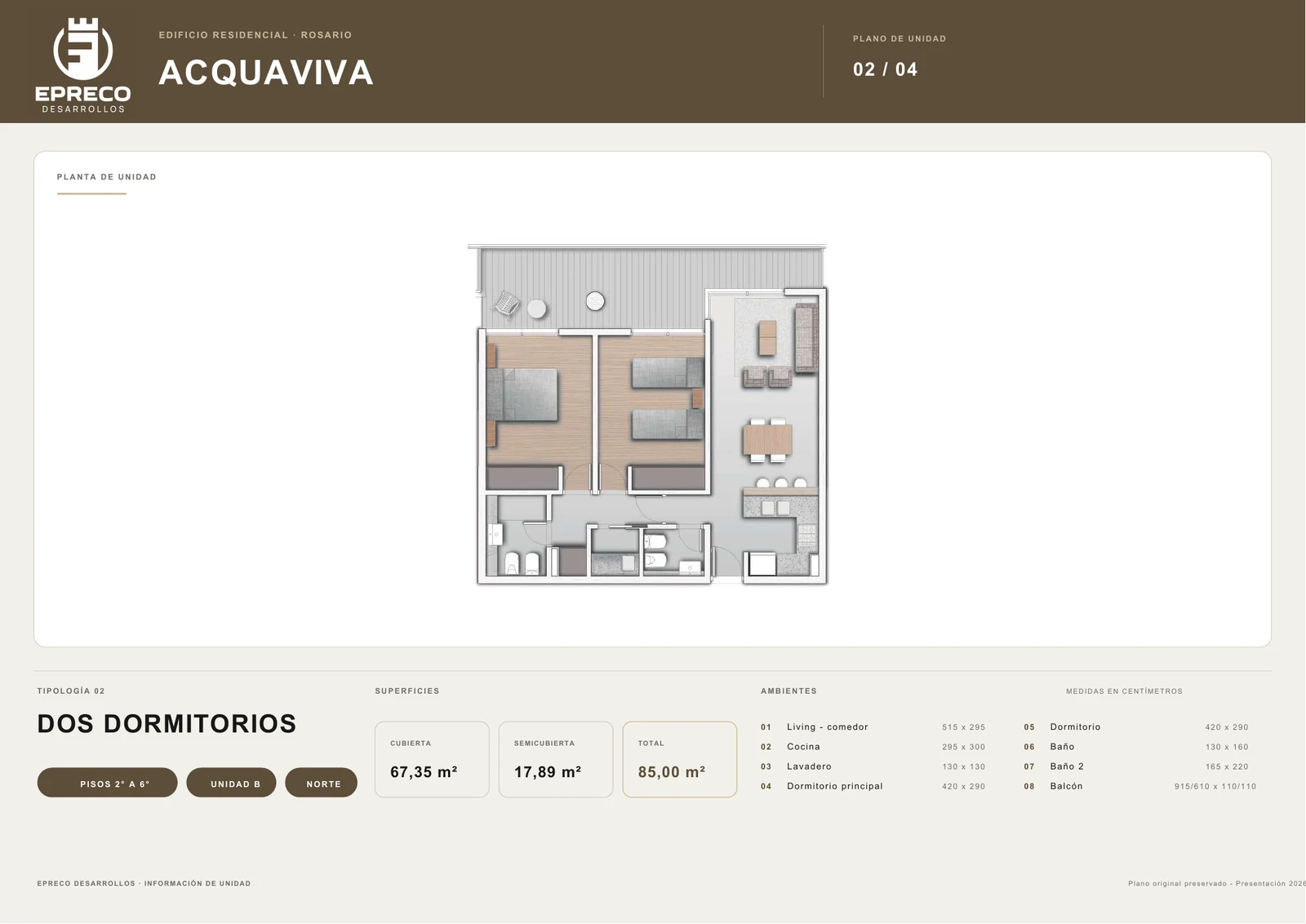 Plano Acquaviva de 2 dormitorios y 85 metros cuadrados