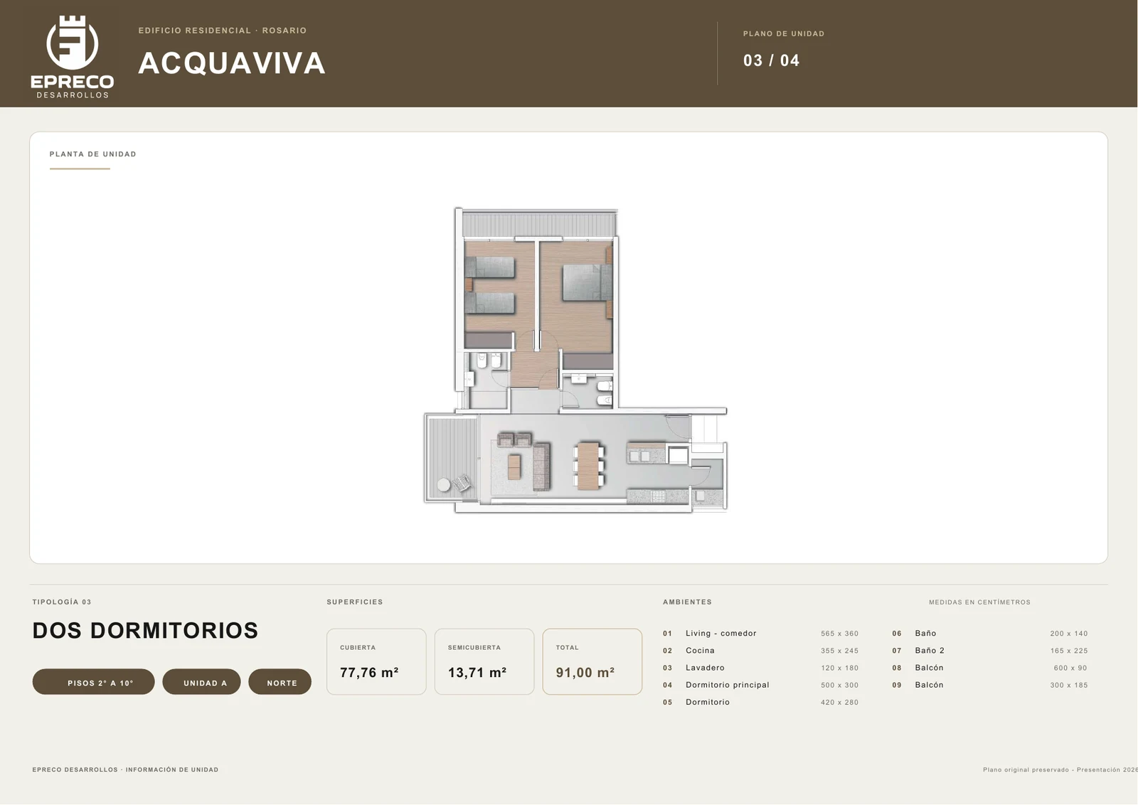 Plano Acquaviva de 2 dormitorios y 91 metros cuadrados