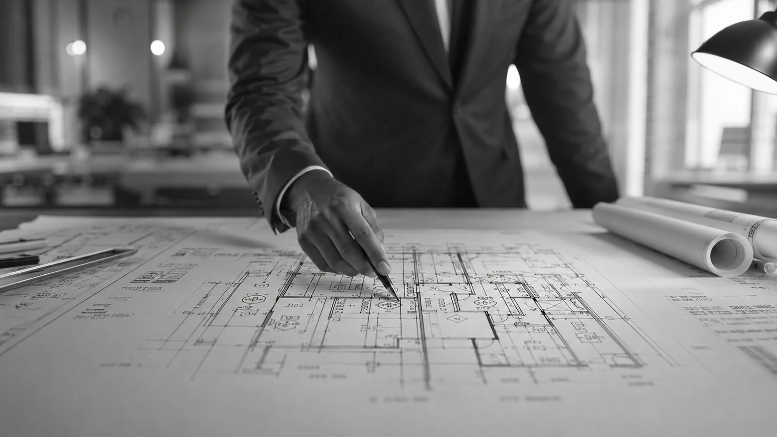 Profesional revisando planos arquitectónicos