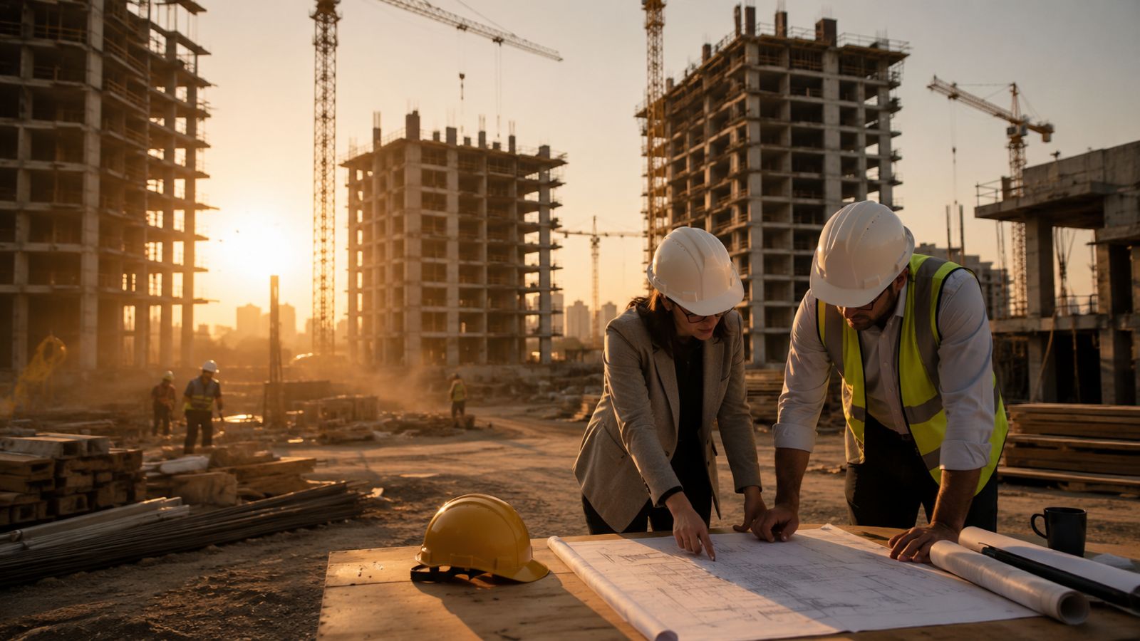 Equipo técnico revisando planos en obra