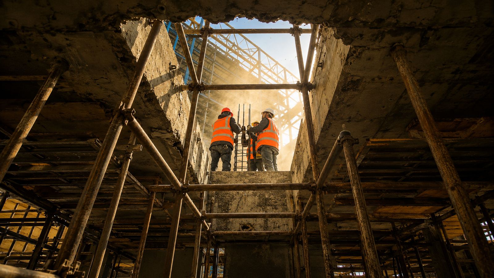 Operarios en estructura de obra